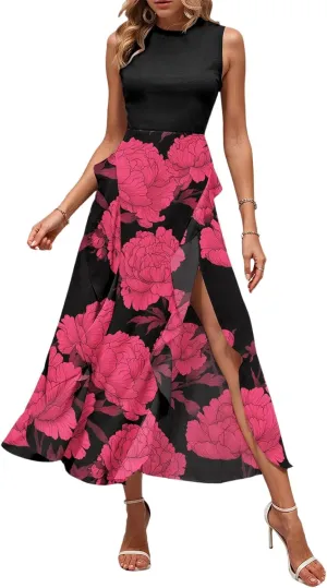 Midi Summer Dresses for Women 2025 Sleeveless Floral Split Patchwork Dress Casual Crewneck Wedding Guest Dresses