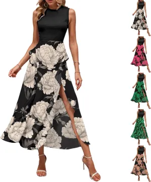 Midi Summer Dresses for Women 2025 Sleeveless Floral Split Patchwork Dress Casual Crewneck Wedding Guest Dresses