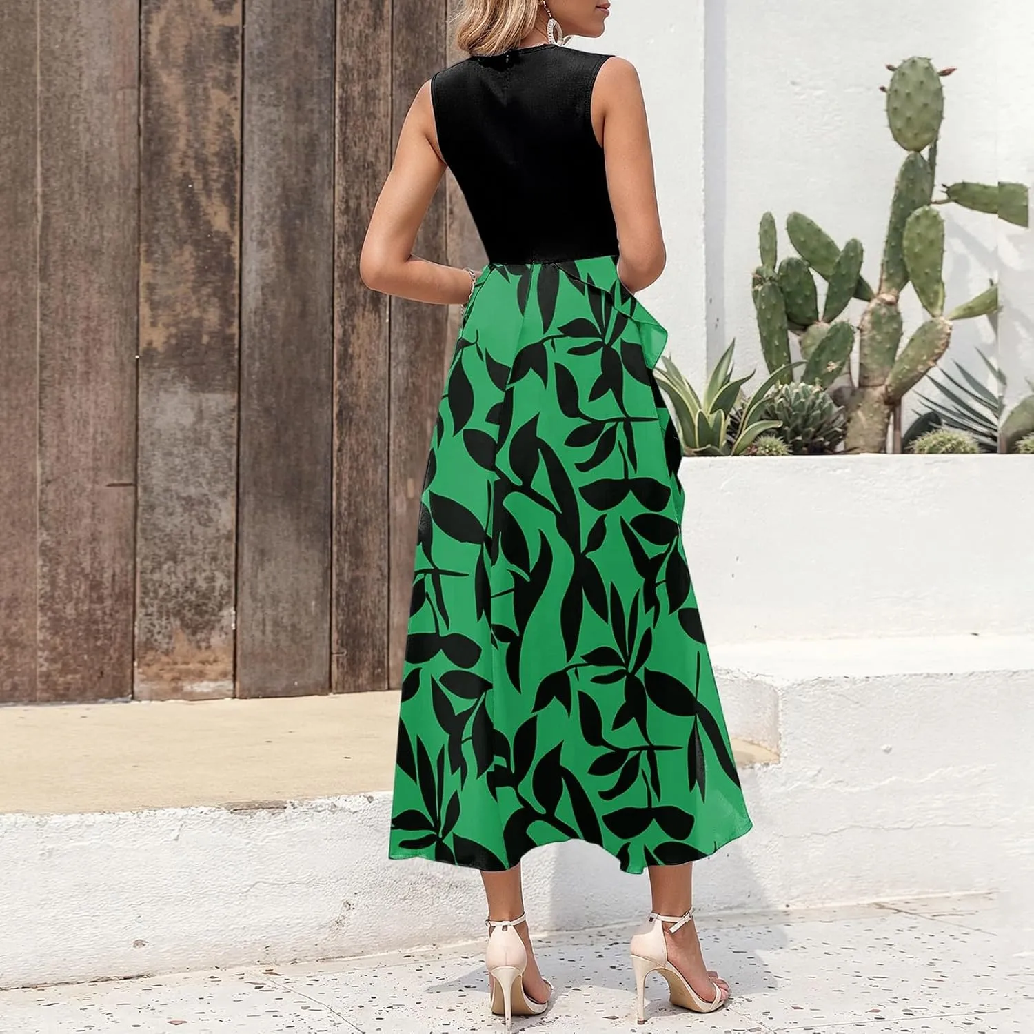 Midi Summer Dresses for Women 2025 Sleeveless Floral Split Patchwork Dress Casual Crewneck Wedding Guest Dresses