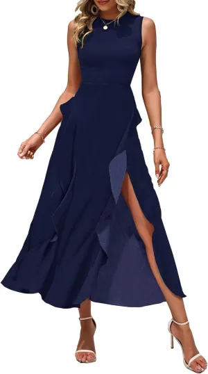 Midi Summer Dresses for Women 2025 Sleeveless Floral Split Patchwork Dress Casual Crewneck Wedding Guest Dresses