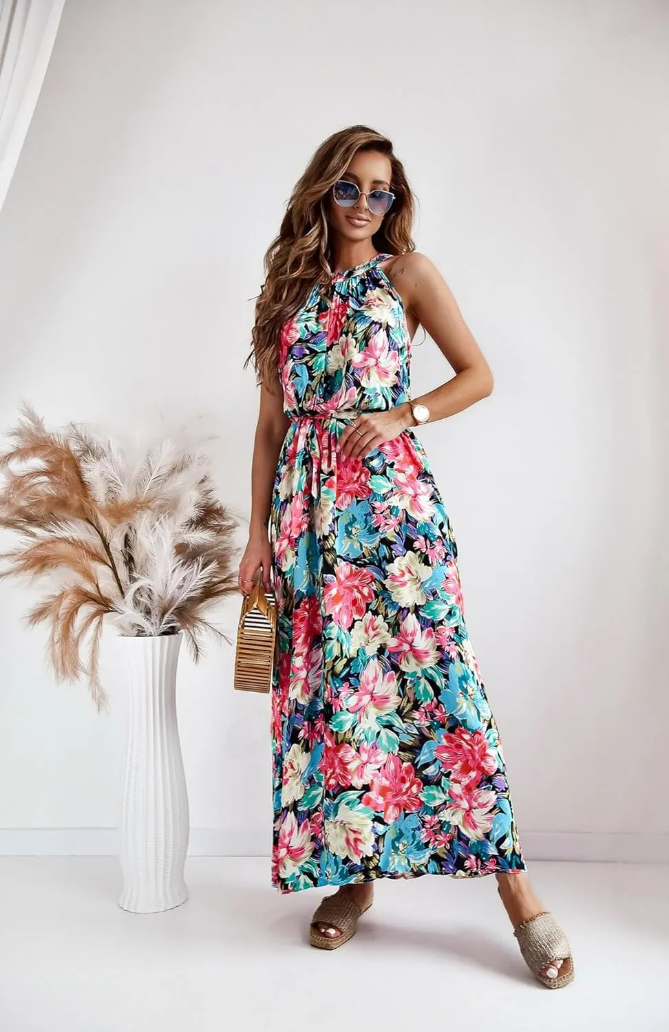 miduo Womens Casual Summer Halter Neck Sleeveless Bohemian Geometric Pattern Flowy A Line Maxi Long Dress with Belt