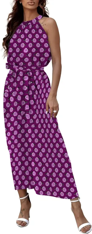 miduo Womens Casual Summer Halter Neck Sleeveless Bohemian Geometric Pattern Flowy A Line Maxi Long Dress with Belt