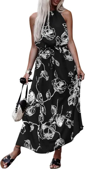 miduo Womens Casual Summer Halter Neck Sleeveless Bohemian Geometric Pattern Flowy A Line Maxi Long Dress with Belt