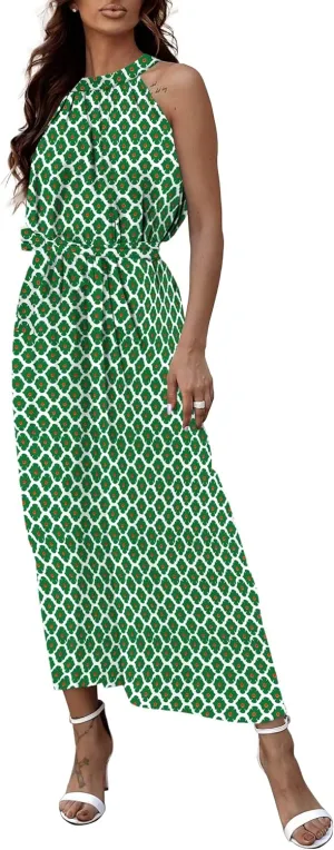 miduo Womens Casual Summer Halter Neck Sleeveless Bohemian Geometric Pattern Flowy A Line Maxi Long Dress with Belt