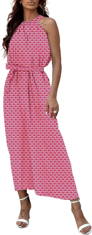 miduo Womens Casual Summer Halter Neck Sleeveless Bohemian Geometric Pattern Flowy A Line Maxi Long Dress with Belt