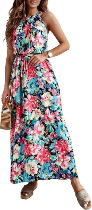 miduo Womens Casual Summer Halter Neck Sleeveless Bohemian Geometric Pattern Flowy A Line Maxi Long Dress with Belt