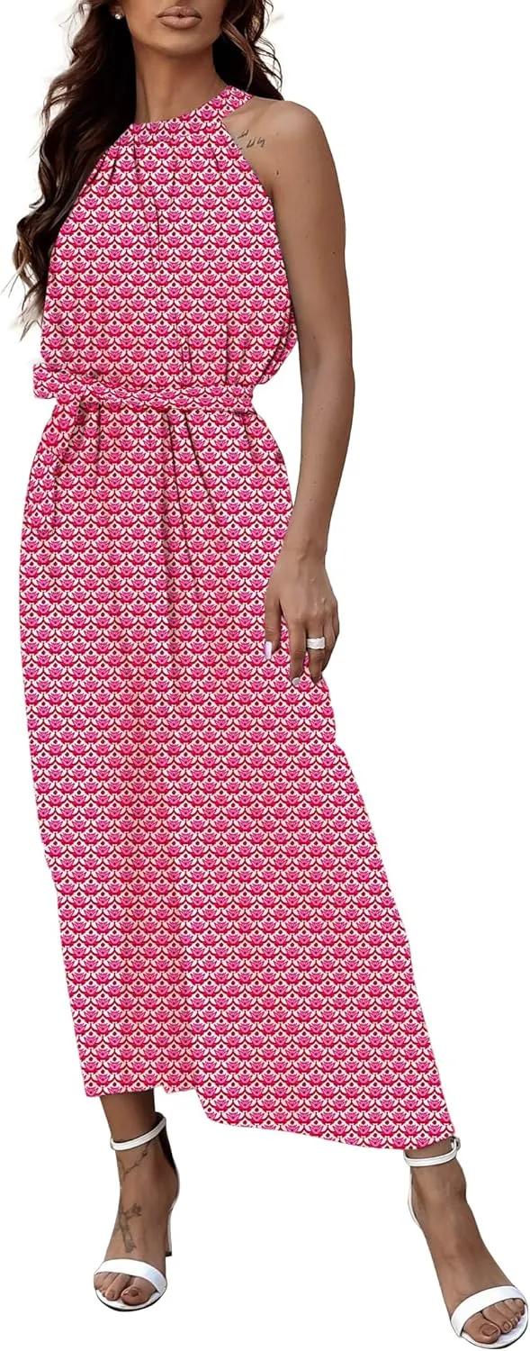 miduo Womens Casual Summer Halter Neck Sleeveless Bohemian Geometric Pattern Flowy A Line Maxi Long Dress with Belt