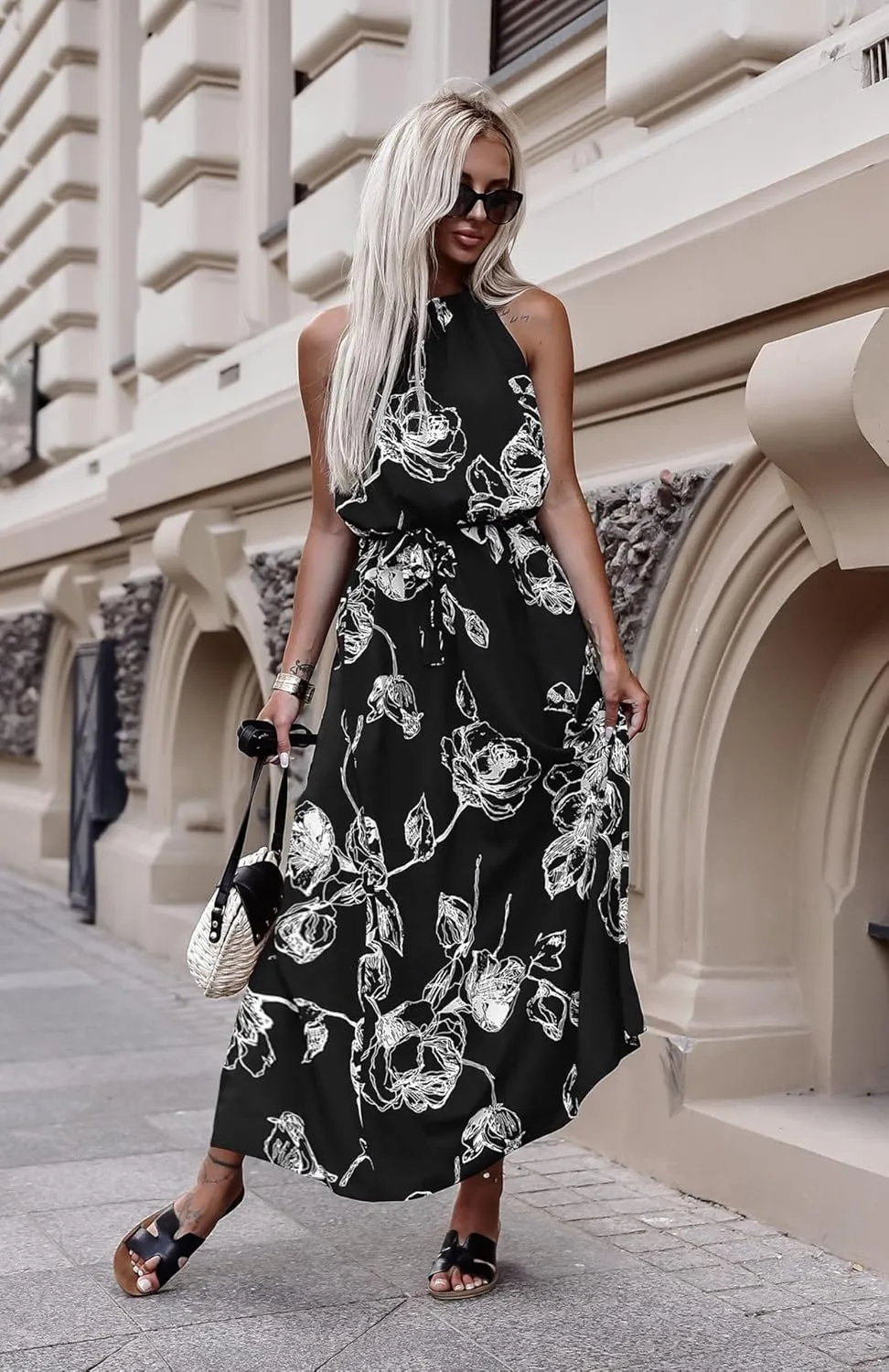 miduo Womens Casual Summer Halter Neck Sleeveless Bohemian Geometric Pattern Flowy A Line Maxi Long Dress with Belt