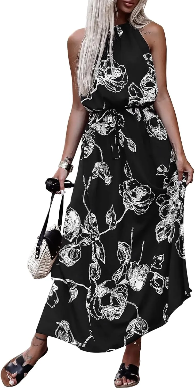 miduo Womens Casual Summer Halter Neck Sleeveless Bohemian Geometric Pattern Flowy A Line Maxi Long Dress with Belt