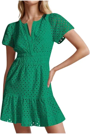 Mini Dress for Women 2025 Summer Short Dresses V Neck Short Sleeve a Line Hollow Out Lace Ruffle Cute Party Dresses