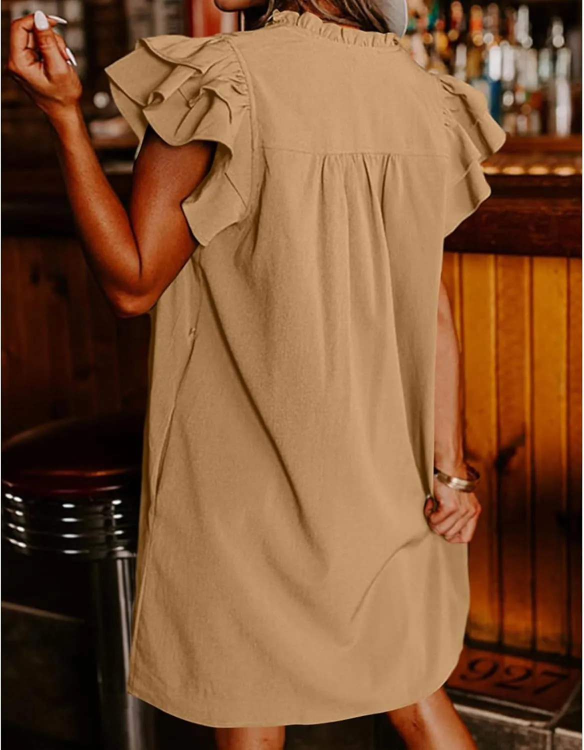 Mini Dresses for Women V Neck Ruffle Cap Short Sleeve Dress Casual Flowy Pleated A Line Sundress Soft Casual Shirt Dress