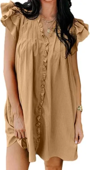 Mini Dresses for Women V Neck Ruffle Cap Short Sleeve Dress Casual Flowy Pleated A Line Sundress Soft Casual Shirt Dress