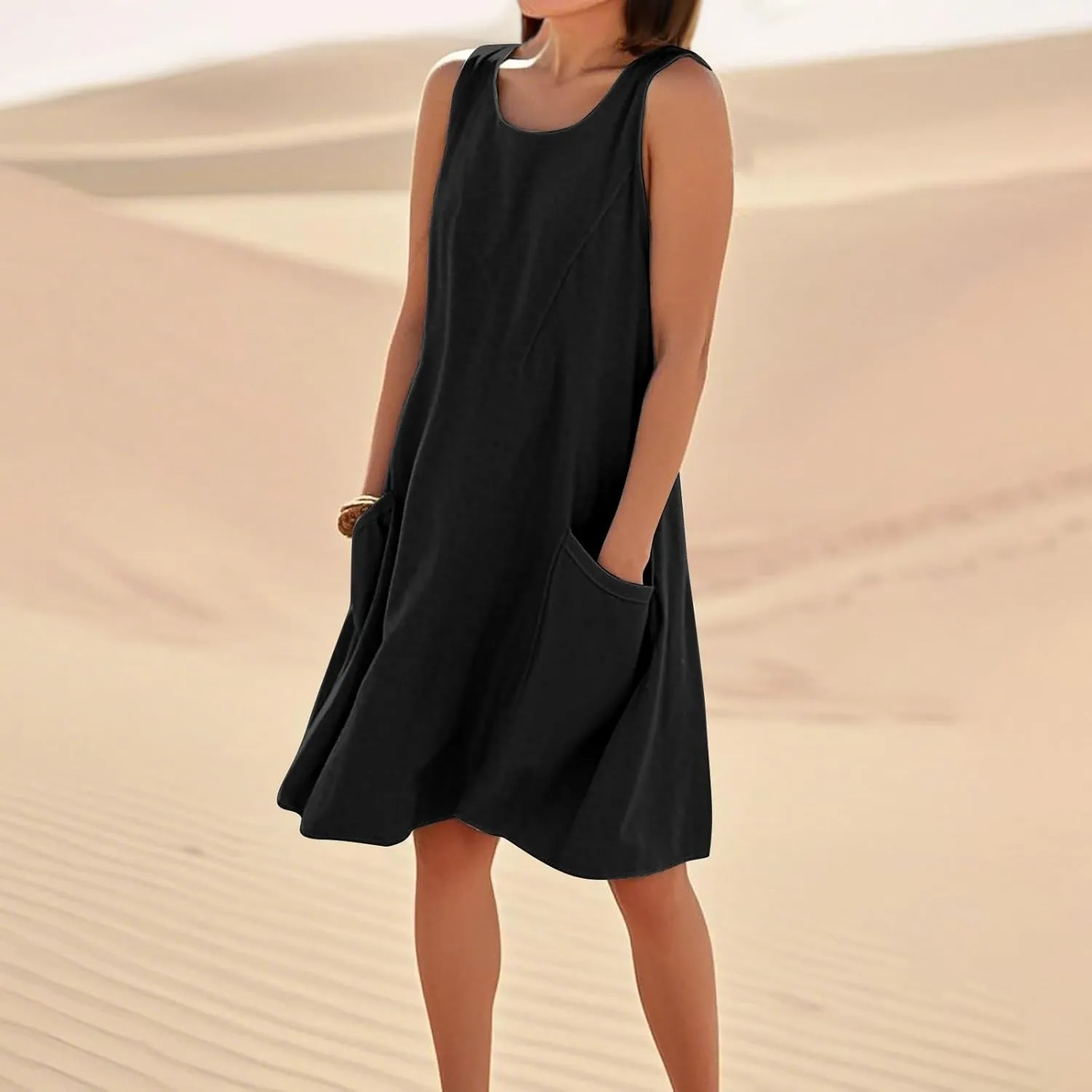 Mini Linen Dresses for Women 2025 Summer Sundress Sleeveless Elegant Flowy Plus Size Loose Tank Dress with Pockets