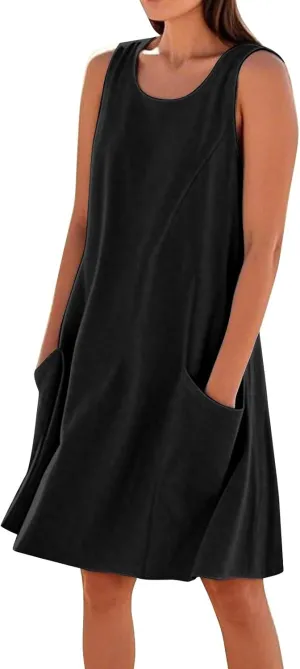 Mini Linen Dresses for Women 2025 Summer Sundress Sleeveless Elegant Flowy Plus Size Loose Tank Dress with Pockets