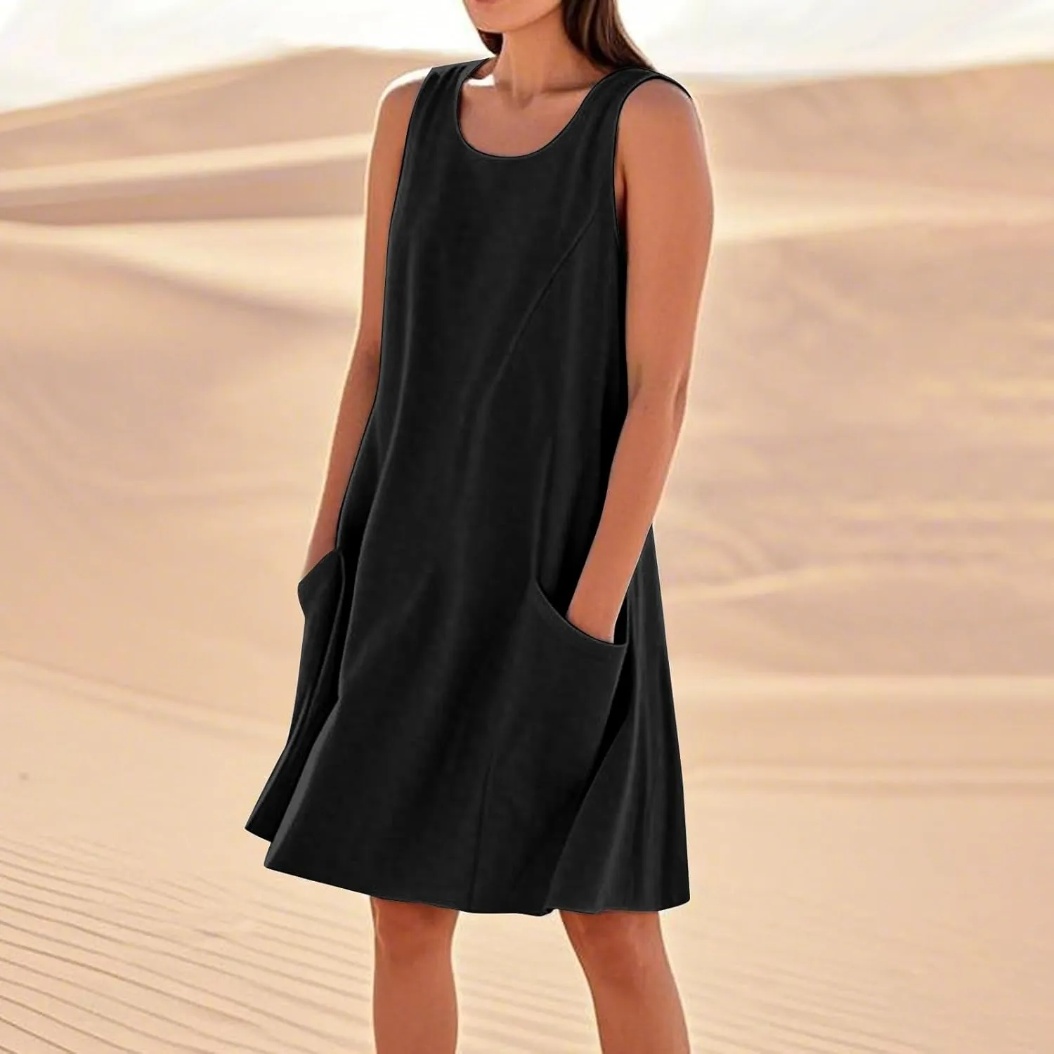 Mini Linen Dresses for Women 2025 Summer Sundress Sleeveless Elegant Flowy Plus Size Loose Tank Dress with Pockets