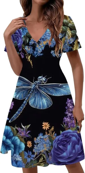 Music Piano Keys Women's Summer Short Sleeve V-Neck Dress Casual Midi Sundresses