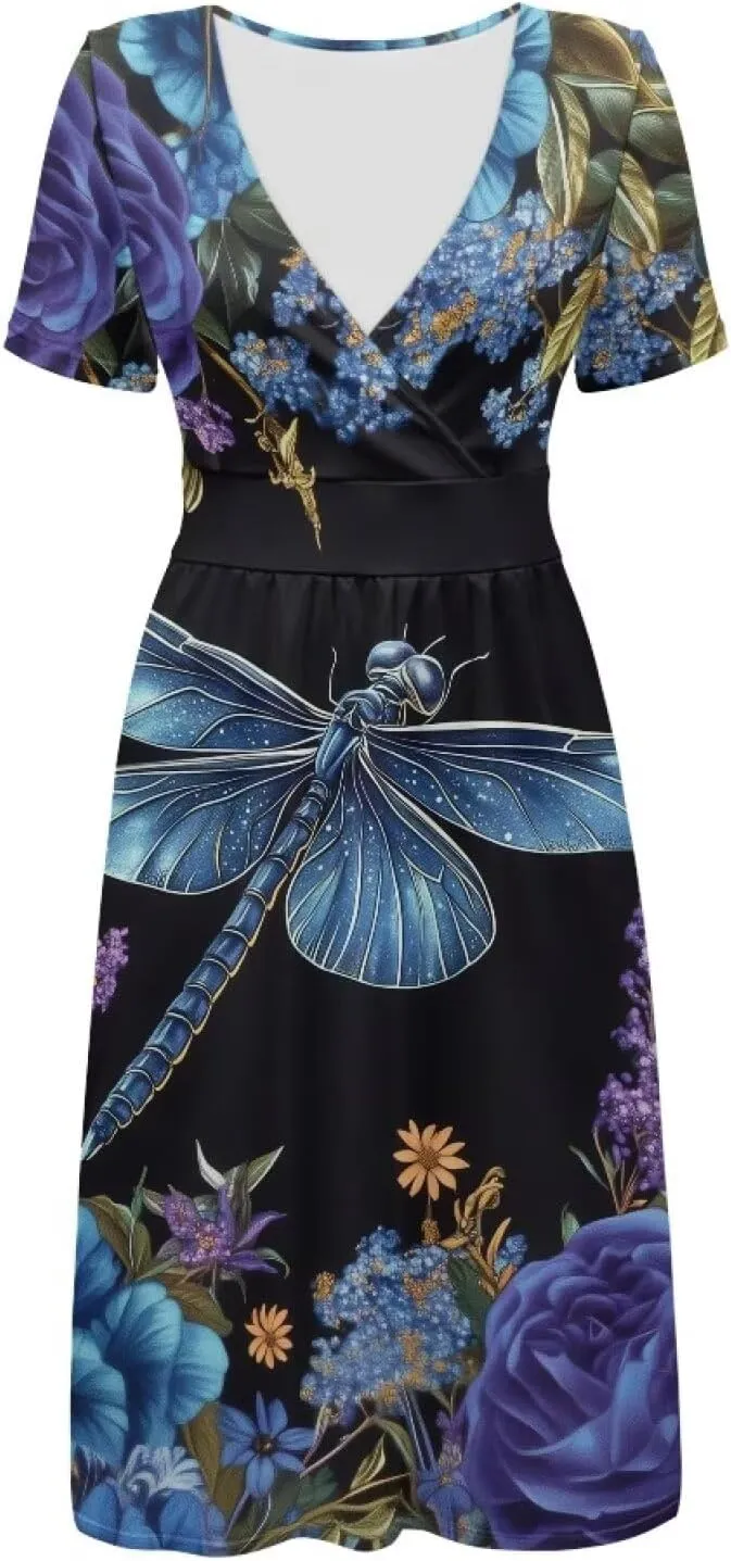 Music Piano Keys Women's Summer Short Sleeve V-Neck Dress Casual Midi Sundresses