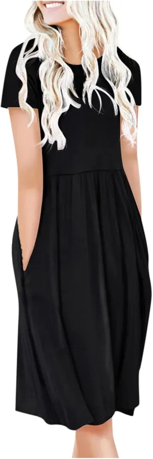 NaRHbrg Women's Midi Dress Casual Loose Fit Short Sleeve T-Shirt Dresses with Pockets Summer Flowy Beach Dress Soft Outfit