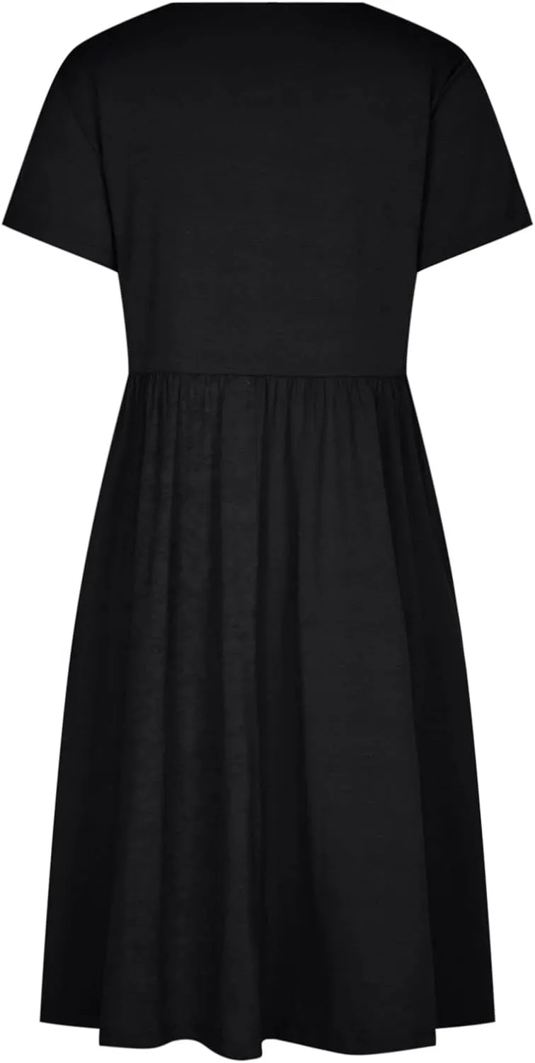NaRHbrg Women's Midi Dress Casual Loose Fit Short Sleeve T-Shirt Dresses with Pockets Summer Flowy Beach Dress Soft Outfit
