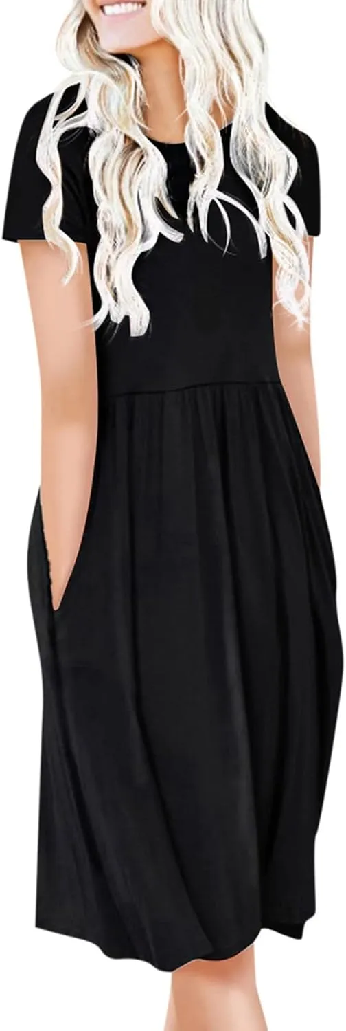 NaRHbrg Women's Midi Dress Casual Loose Fit Short Sleeve T-Shirt Dresses with Pockets Summer Flowy Beach Dress Soft Outfit