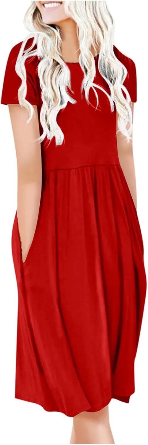 NaRHbrg Women's Midi Dress Casual Loose Fit Short Sleeve T-Shirt Dresses with Pockets Summer Flowy Beach Dress Soft Outfit