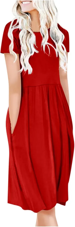 NaRHbrg Women's Midi Dress Casual Loose Fit Short Sleeve T-Shirt Dresses with Pockets Summer Flowy Beach Dress Soft Outfit