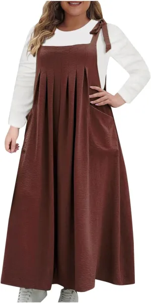 NaRHbrg Women's Plus Size Maxi Dress Loose Fit Sleeveless Casual Summer Pinafore Dresses with Pockets