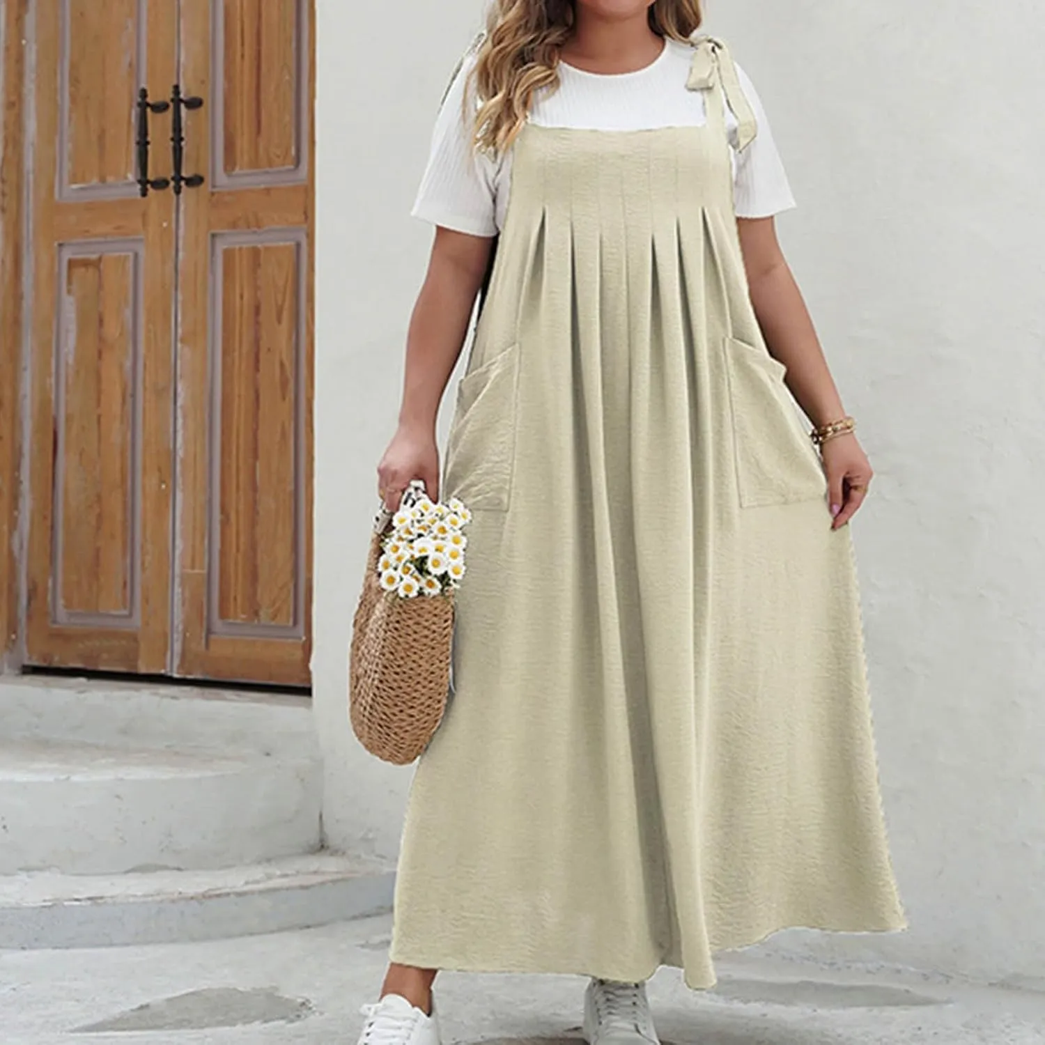 NaRHbrg Women's Plus Size Maxi Dress Loose Fit Sleeveless Casual Summer Pinafore Dresses with Pockets
