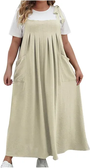 NaRHbrg Women's Plus Size Maxi Dress Loose Fit Sleeveless Casual Summer Pinafore Dresses with Pockets