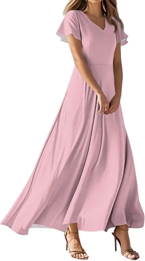 NBXNZWF Summer Dresses for Women 2025 Ruffle Short Sleeve V Neck Maxi Dress Flowy Beach Vacation Casual Dresses