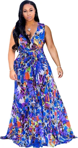 Nuofengkudu Womens Chiffon Deep V-Neck Stripe Printed Maxi Dress Unique Loose Summer Boho Dresses High Waiste(S-5XL)