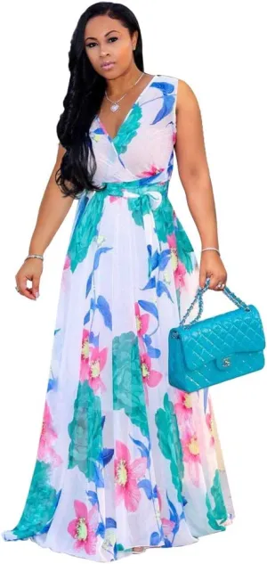 Nuofengkudu Womens Chiffon Deep V-Neck Stripe Printed Maxi Dress Unique Loose Summer Boho Dresses High Waiste(S-5XL)