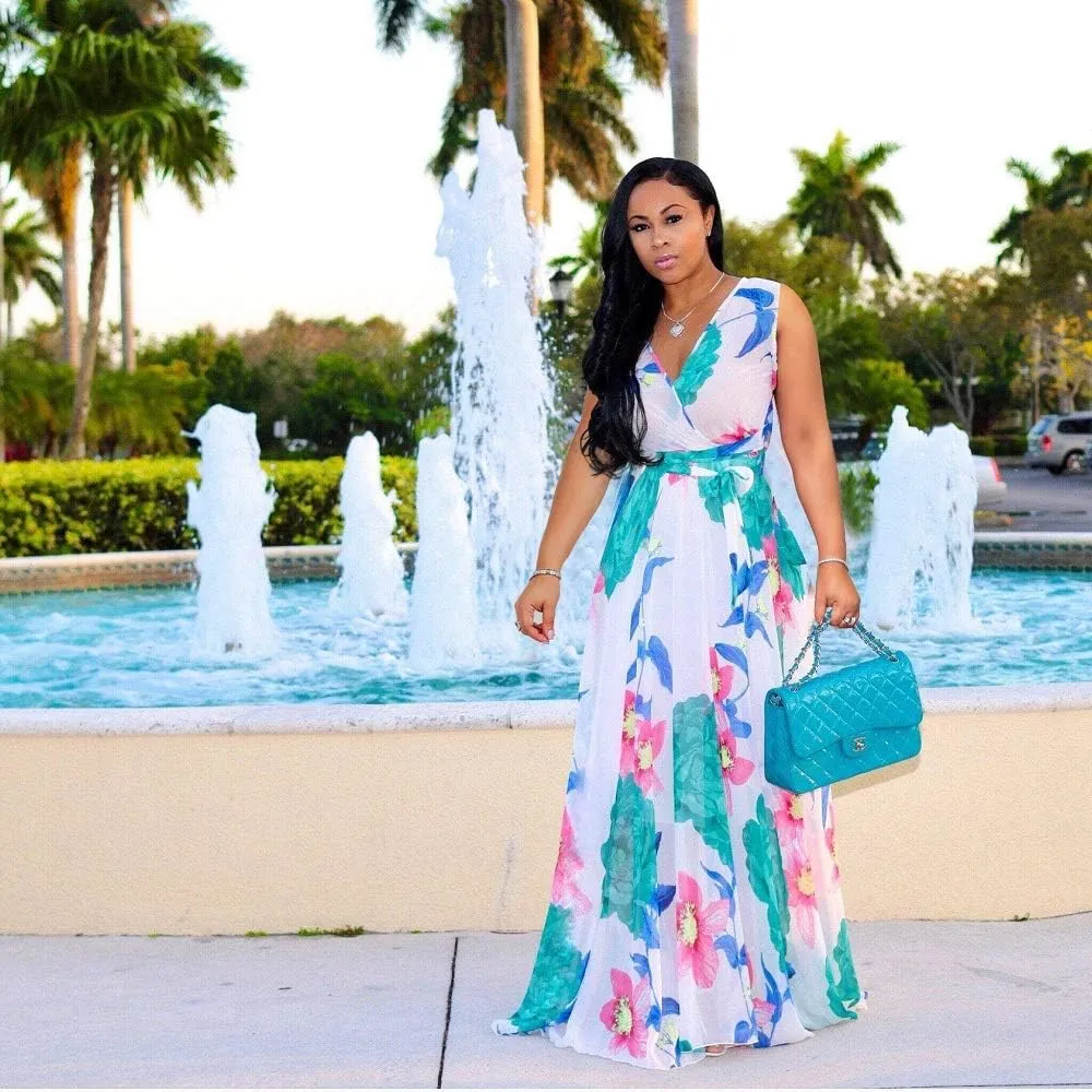 Nuofengkudu Womens Chiffon Deep V-Neck Stripe Printed Maxi Dress Unique Loose Summer Boho Dresses High Waiste(S-5XL)