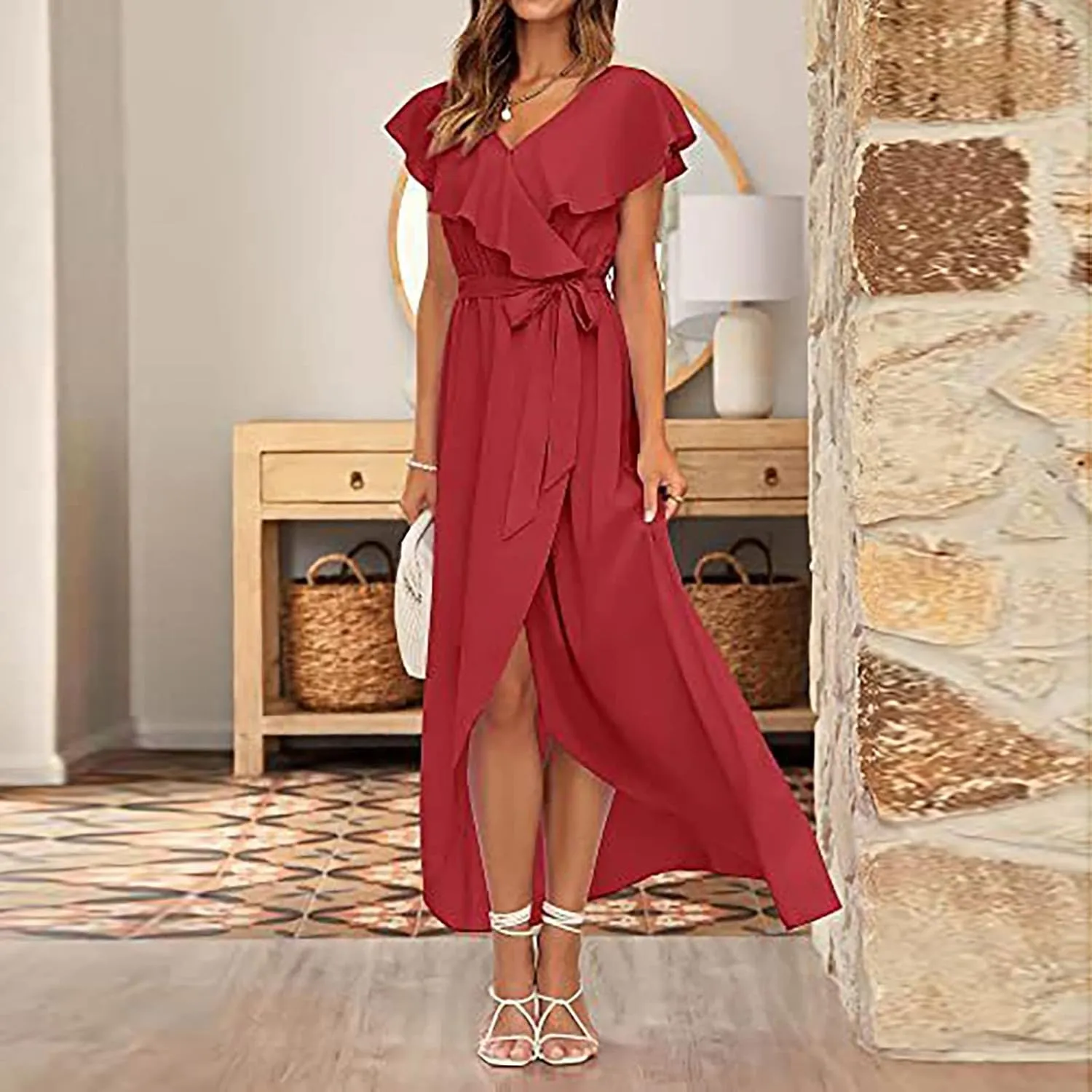 Ollysqiar Dresses Women's 2023 Floral Summer Dress Wrap V Neck Short Sleeve Belted Ruffle Hem A-Line Bohemian Dresses A02 13