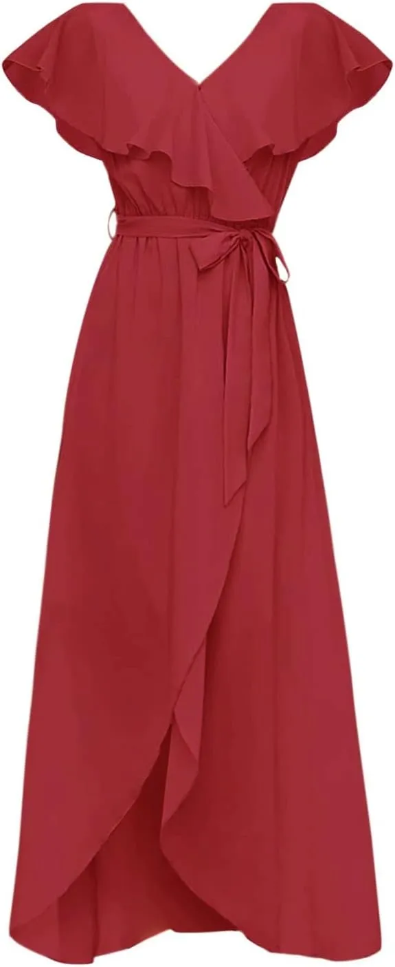 Ollysqiar Dresses Women's 2023 Floral Summer Dress Wrap V Neck Short Sleeve Belted Ruffle Hem A-Line Bohemian Dresses A02 13