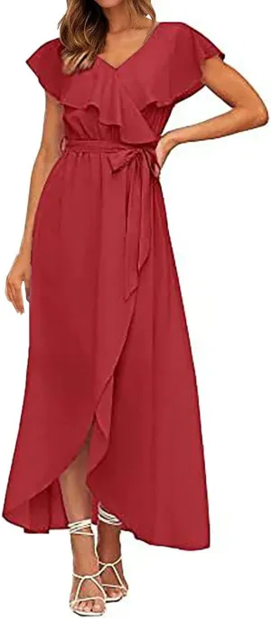 Ollysqiar Dresses Women's 2023 Floral Summer Dress Wrap V Neck Short Sleeve Belted Ruffle Hem A-Line Bohemian Dresses A02 13