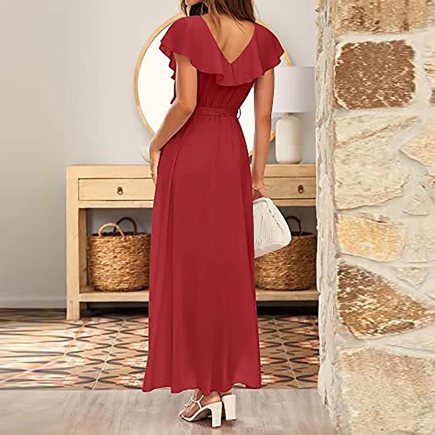 Ollysqiar Dresses Women's 2023 Floral Summer Dress Wrap V Neck Short Sleeve Belted Ruffle Hem A-Line Bohemian Dresses A02 13