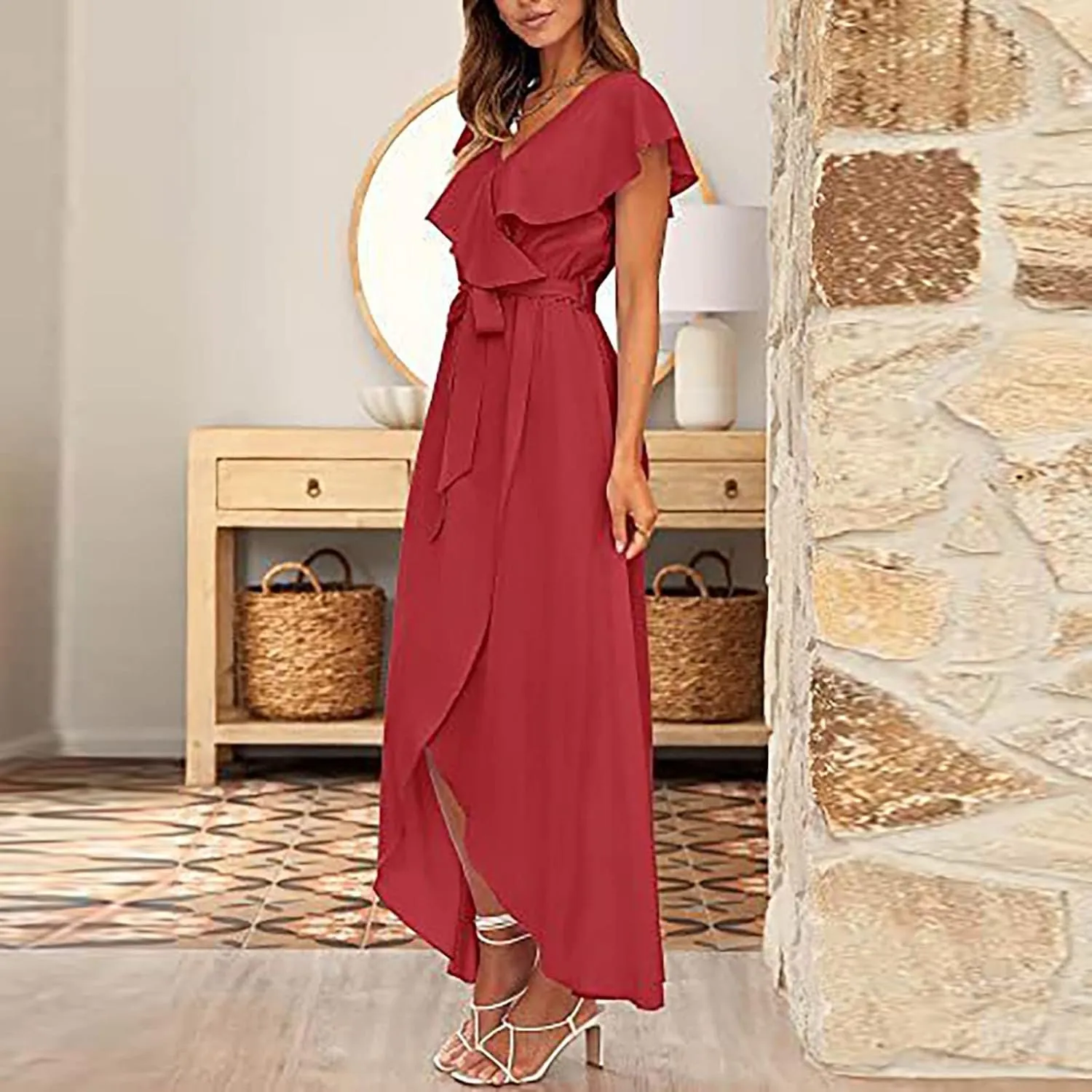 Ollysqiar Dresses Women's 2023 Floral Summer Dress Wrap V Neck Short Sleeve Belted Ruffle Hem A-Line Bohemian Dresses A02 13