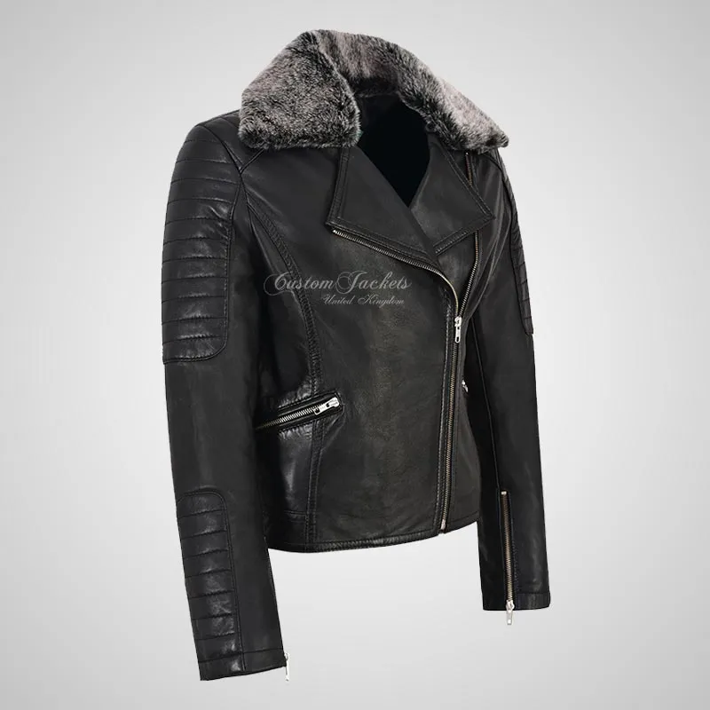 OPHELIA Women Leather Biker Jacket with Detachable Fur Collar
