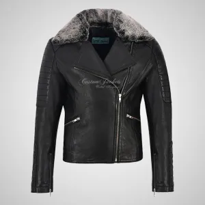 OPHELIA Women Leather Biker Jacket with Detachable Fur Collar