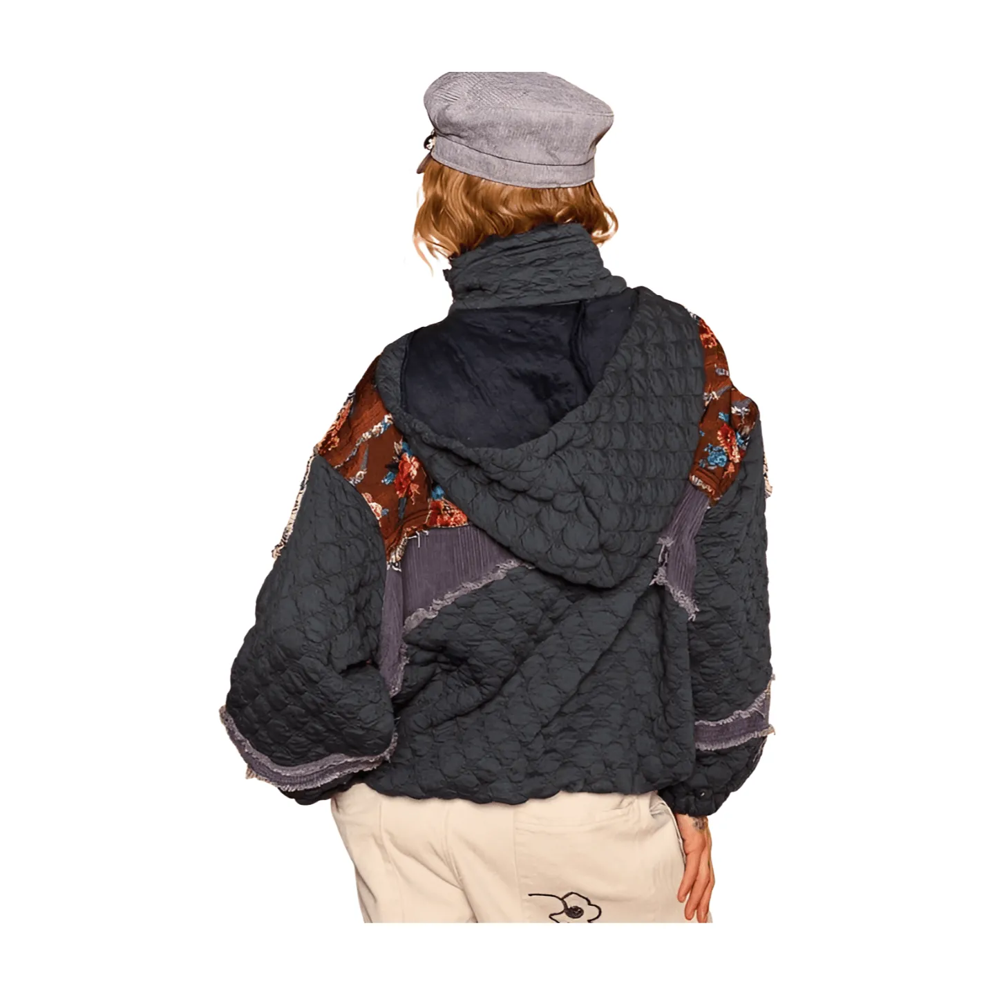 Oversized Floral Quilted Jacket - Charcoal