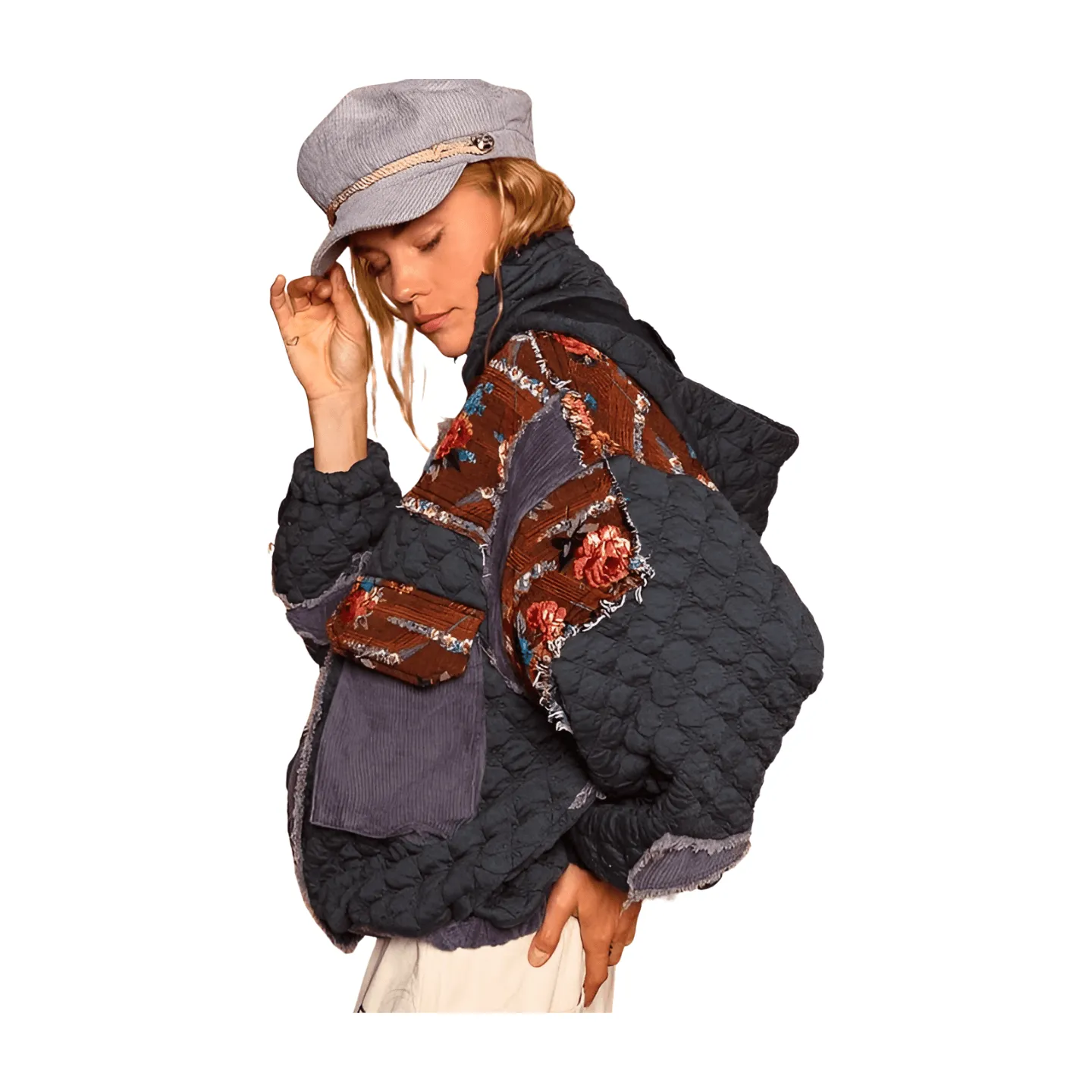 Oversized Floral Quilted Jacket - Charcoal