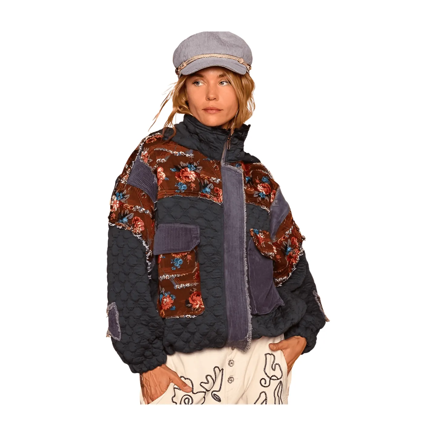 Oversized Floral Quilted Jacket - Charcoal