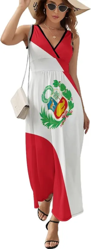 Peru Peruvian Flag Sleeveless Maxi Dress Summer Beach Wrap V Neck Sundresses Flare Tank Dresses