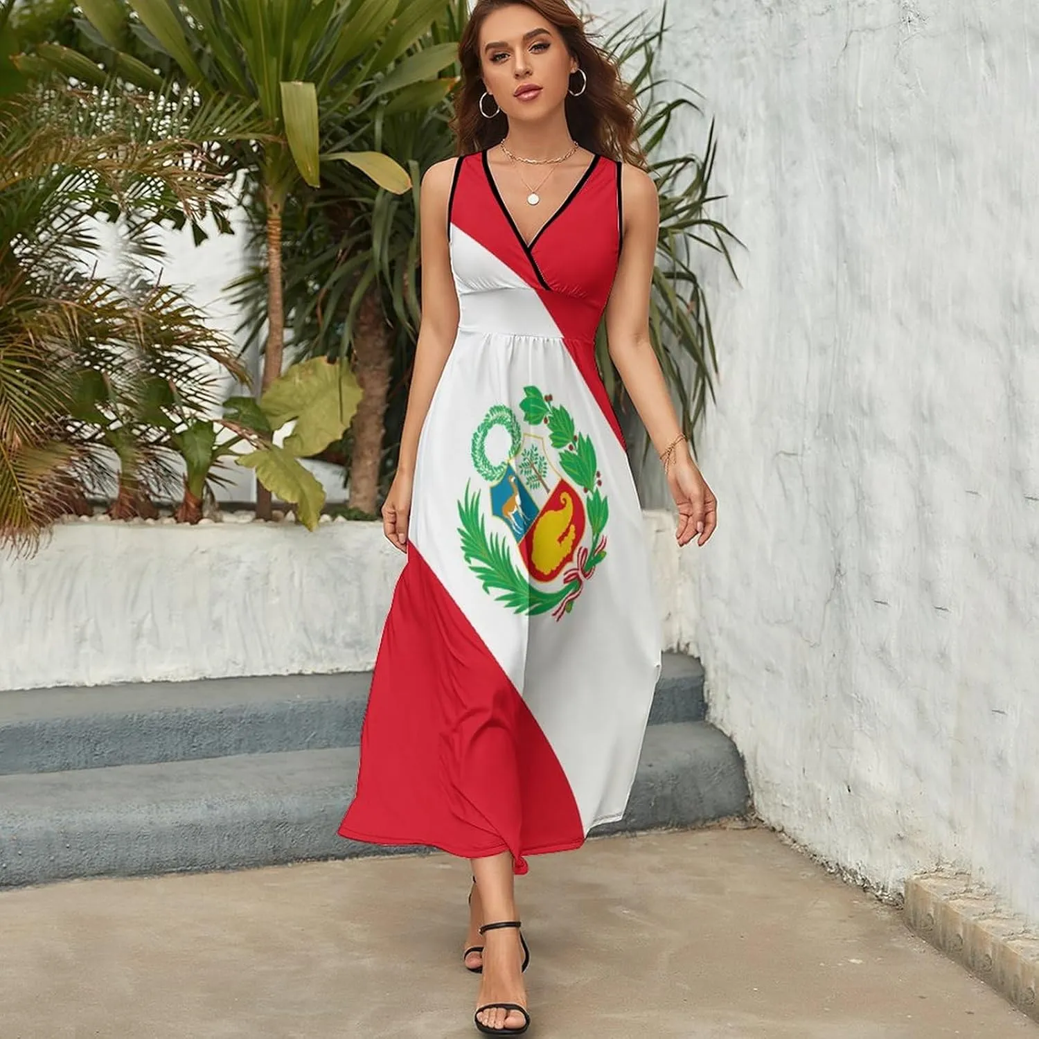 Peru Peruvian Flag Sleeveless Maxi Dress Summer Beach Wrap V Neck Sundresses Flare Tank Dresses
