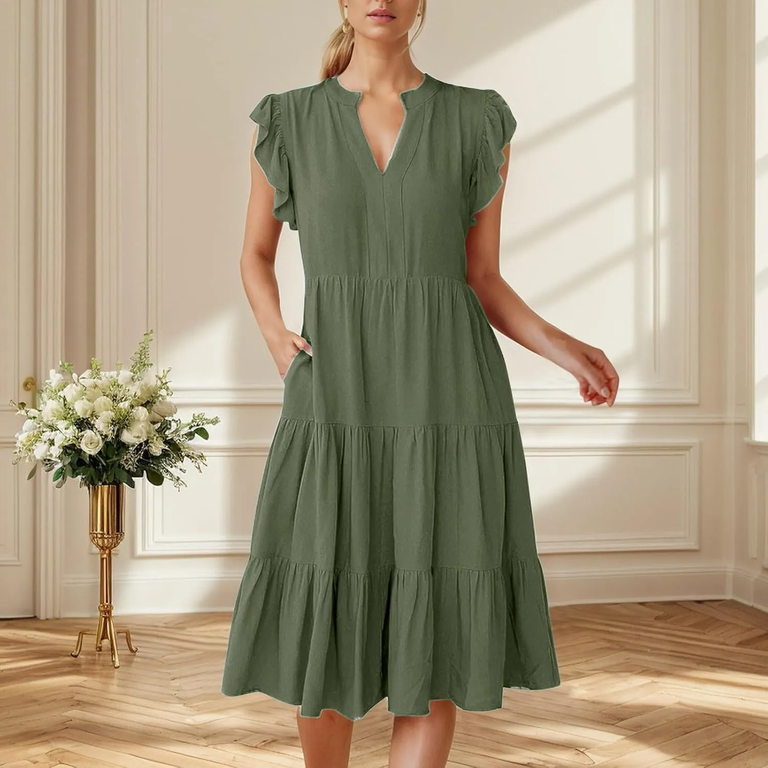 Photno V Neck Dresses for Women 2025 Summer Casual Dress Ruffle Sleeve Flowy Tiered Midi Dress with Pockets Boho Sundresses