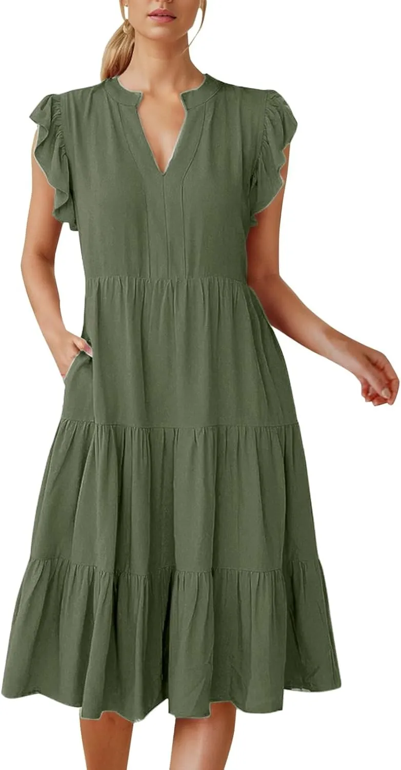 Photno V Neck Dresses for Women 2025 Summer Casual Dress Ruffle Sleeve Flowy Tiered Midi Dress with Pockets Boho Sundresses