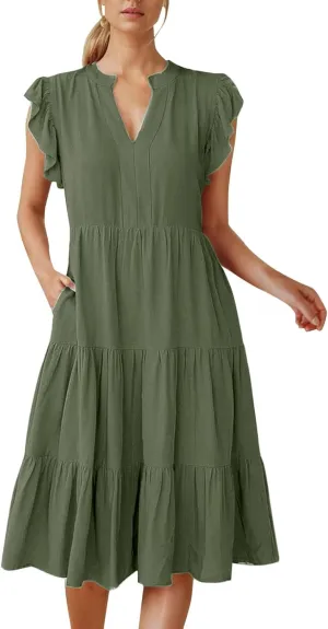 Photno V Neck Dresses for Women 2025 Summer Casual Dress Ruffle Sleeve Flowy Tiered Midi Dress with Pockets Boho Sundresses
