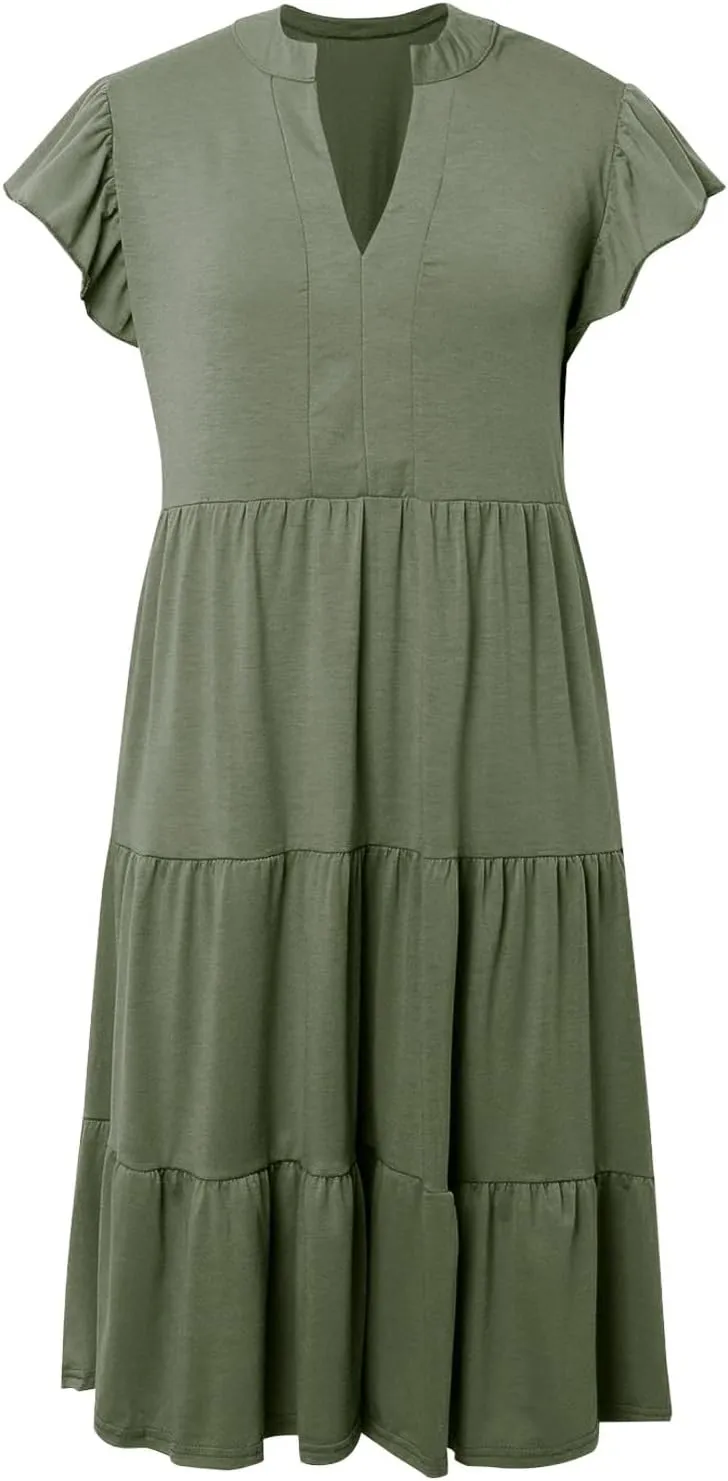 Photno V Neck Dresses for Women 2025 Summer Casual Dress Ruffle Sleeve Flowy Tiered Midi Dress with Pockets Boho Sundresses