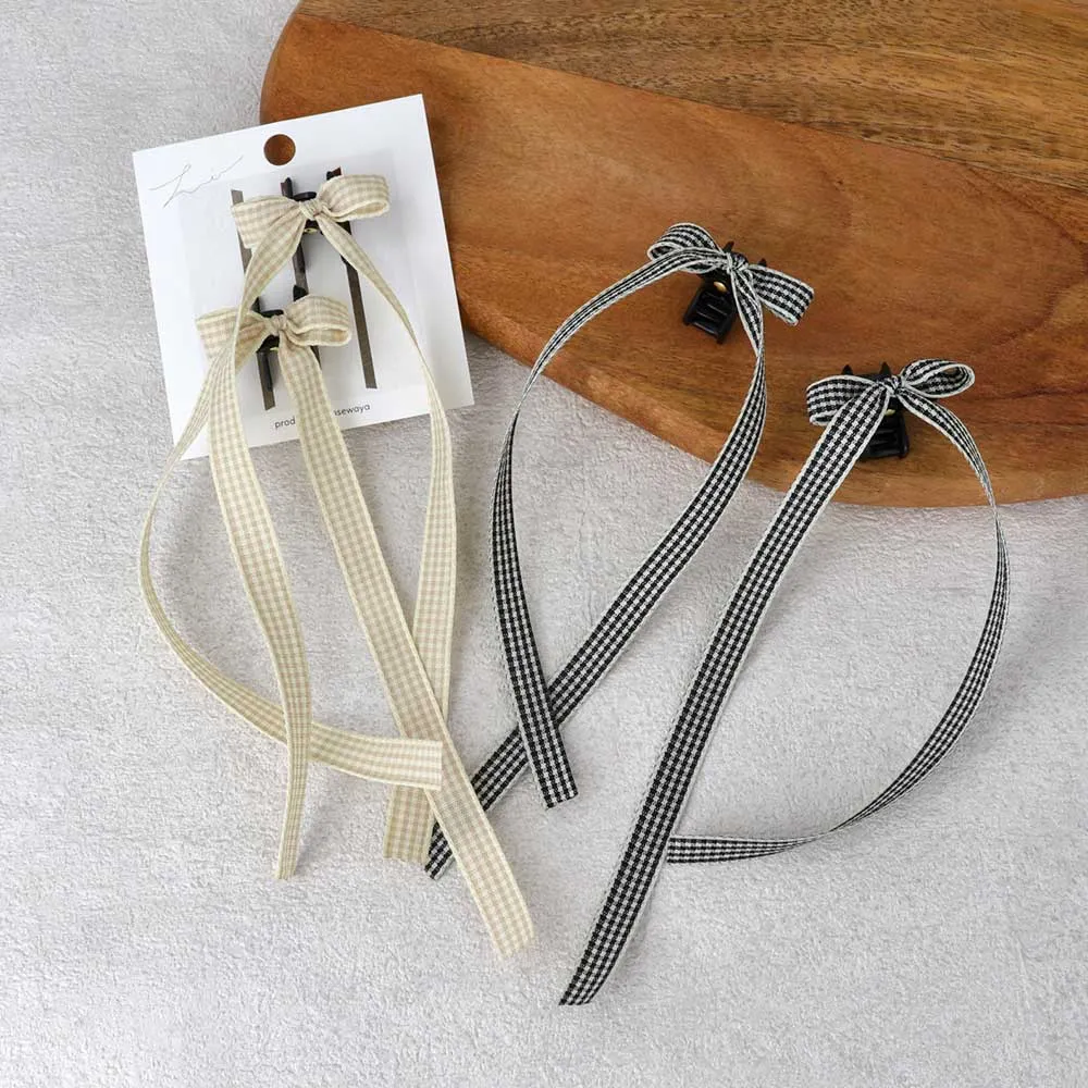 Plaid Long Tail Bow Hair Clip Set
